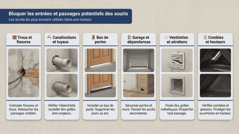 Infographie expliquant comment bloquer les points d’entrée des souris dans une maison