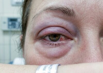 œdème périorbitaire après piqûre de frelon asiatique près de l'œil — paupière gonflée, consultation médicale urgente