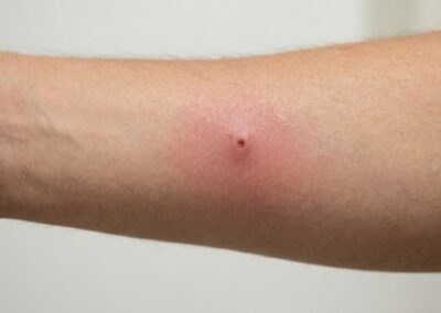 piqûre de frelon asiatique sur l'avant-bras — rougeur localisée et légère inflammation autour du point de piqûre