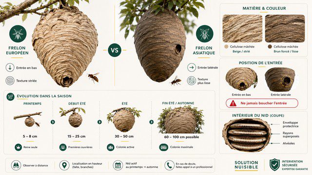 Infographie comparant un nid de frelon asiatique et un nid de frelon européen avec différence d’entrée, couleur, texture, taille saisonnière et structure interne