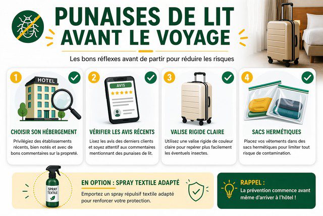 Infographie prévention punaises de lit avant voyage -choix hébergement, valise rigide claire, sacs hermétiques et préparation des bagages Infographie prévention punaises de lit avant voyage -choix hébergement, valise rigide claire, sacs hermétiques et préparation des bagages