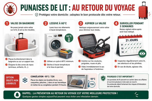 Infographie punaises de lit après voyage - protocole retour valise baignoire, lessive 60°C, nettoyage et surveillance 3 semaines Infographie punaises de lit après voyage - protocole retour valise baignoire, lessive 60°C, nettoyage et surveillance 3 semaines