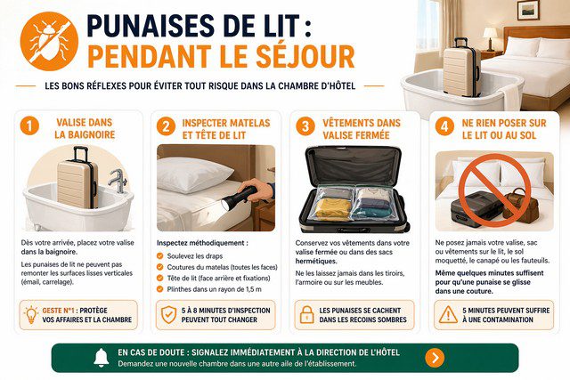 Infographie punaises de lit pendant séjour hôtel - vêtements en valise fermée, sacs hermétiques et erreurs à éviter dans la chambre Infographie punaises de lit pendant séjour hôtel - vêtements en valise fermée, sacs hermétiques et erreurs à éviter dans la chambre
