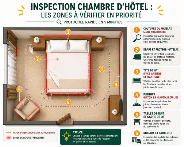 Schéma inspection chambre hôtel punaises de lit - zones à vérifier matelas, tête de lit, plinthes et mobilier en 5 minutes Schéma inspection chambre hôtel punaises de lit - zones à vérifier matelas, tête de lit, plinthes et mobilier en 5 minutes