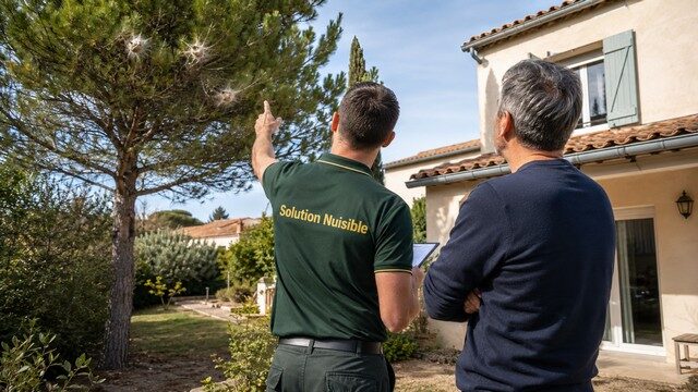Technicien Solution Nuisible vu de dos réalisant un diagnostic dans un jardin avec un client, face à un pin touché par des nids de chenilles processionnaires près d’une maison en France.