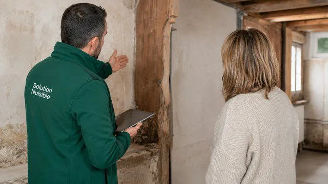 Technicien Solution Nuisible en diagnostic mérule avec un client dans une maison, inspection avant traitement de la mérule