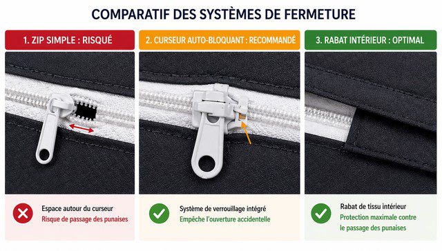 Comparatif fermeture éclair housse anti punaises zip simple auto bloquant rabat