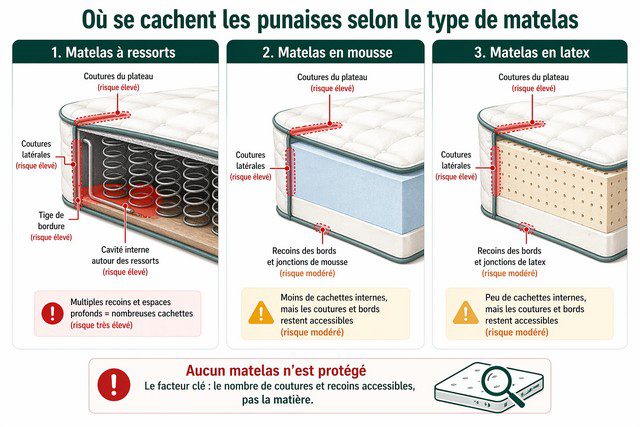 Où se cachent les punaises de lit dans un matelas - schéma comparatif ressorts, mousse et latex avec zones de cachette en coutures et cavités