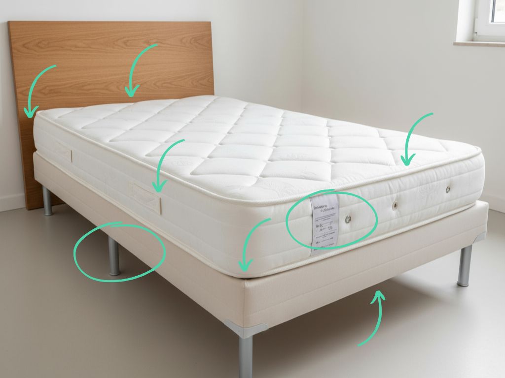 matelas nu entouré de cercles rouges indiquant toutes les zones de cachette des punaises de lit Matelas nu entouré de cercles rouges indiquant toutes les zones de cachette des punaises de lit