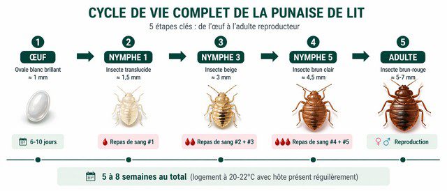 Infographie cycle de vie punaise de lit - œuf, nymphes stades 1 à 5 et adulte avec durée totale 5 à 8 semaines et repas de sang nécessaires à chaque mue