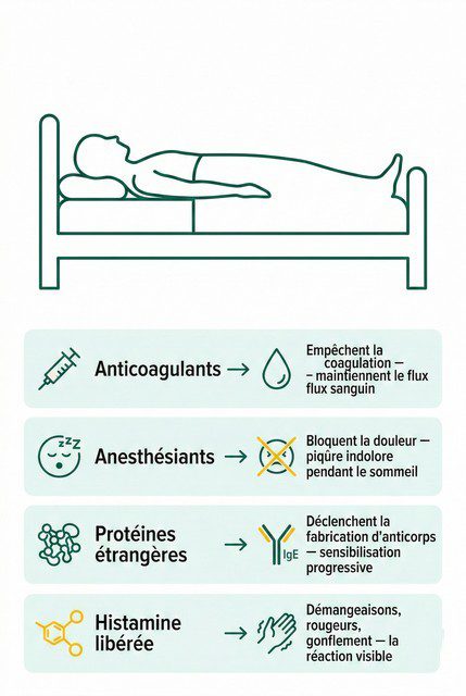 Infographie les 4 composants de la salive de punaise de lit et leurs effets sur le système immunitaire humain Infographie les 4 composants de la salive de punaise de lit et leurs effets sur le système immunitaire humain