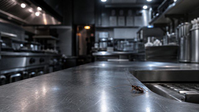Cafard visible sur un plan de travail inox dans une cuisine professionnelle de restaurant Cafard visible sur un plan de travail inox dans une cuisine professionnelle de restaurant