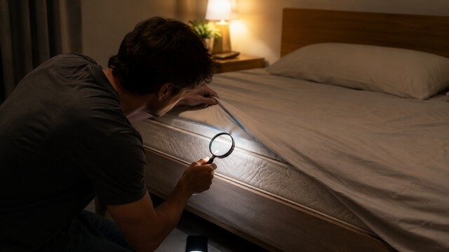 Particulier inspectant son matelas avec une loupe pour détecter des signes de punaises de lit