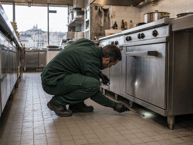 Technicien de désinsectisation inspectant les zones basses d’une cuisine professionnelle à Marseille