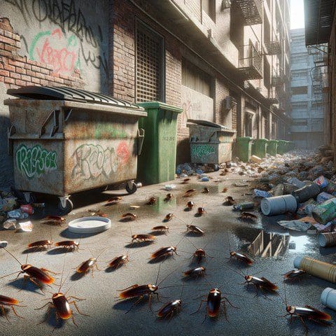 Cafards près d'une poubelle extérieure