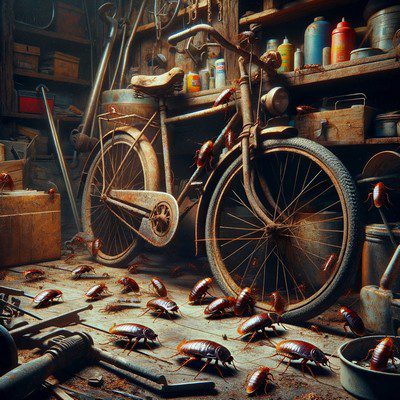 Garage - Cafards près d'une vieille bicyclette