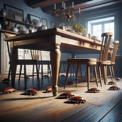 Salle à manger - Cafards sous une table en bois