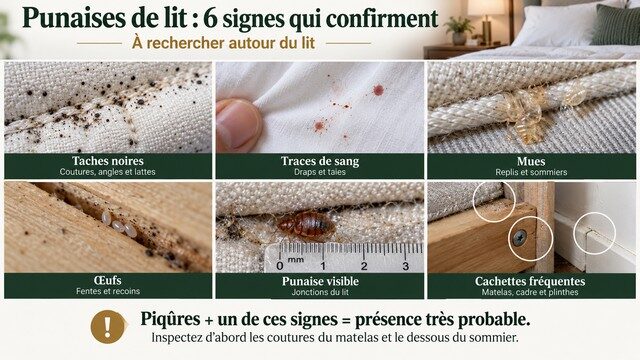 Infographie des signes de punaises de lit dans le lit : taches noires, traces de sang, mues, œufs, punaises visibles et cachettes