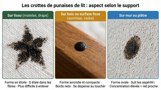 Aspect des crottes selon le support (tissu bois mur) Aspect des crottes selon le support (tissu bois mur)