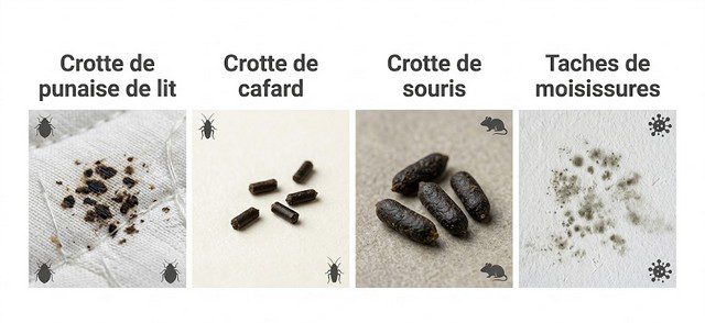 Diagnostic différentiel - crottes de punaises de lit vs autres traces noires Diagnostic différentiel - crottes de punaises de lit vs autres traces noires