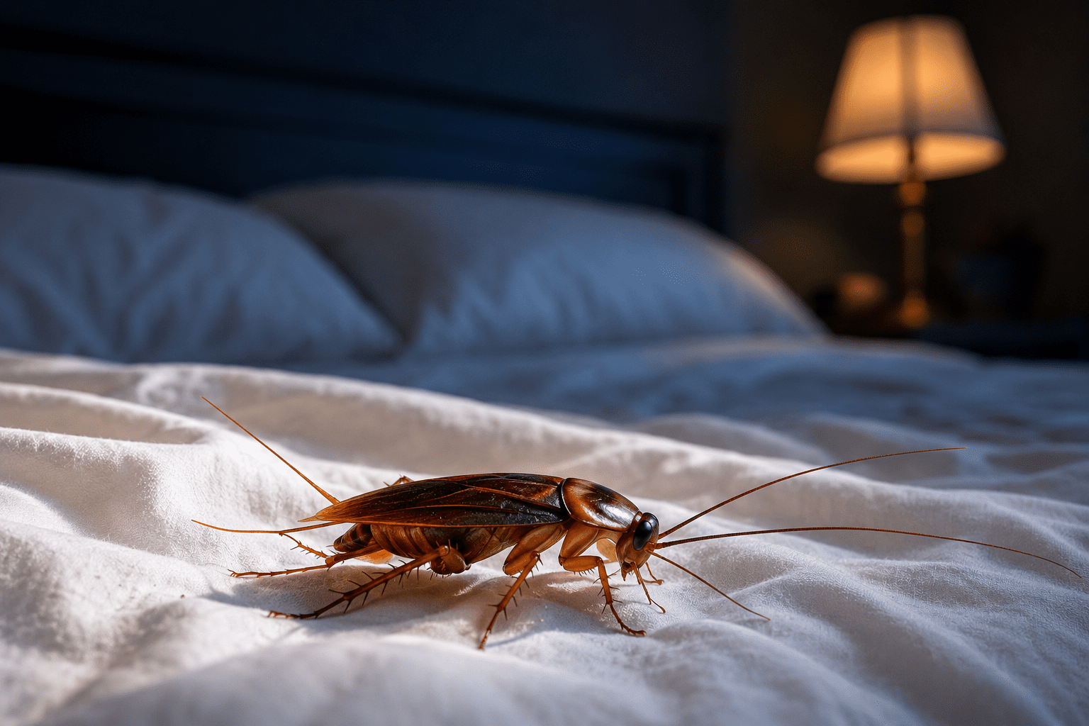cafard blatte germanique sur un drap blanc dans une chambre à coucher la nuit — infestation de blattes dans le lit cafard blatte germanique sur un drap blanc dans une chambre à coucher la nuit — infestation de blattes dans le lit