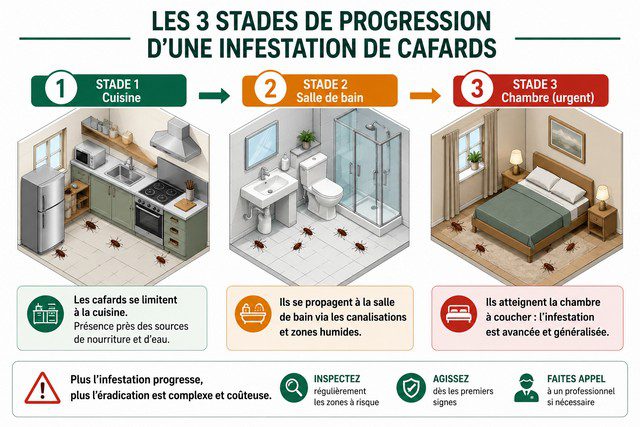 infographie les 3 stades de progression d'une infestation de cafards — de la cuisine à la chambre à coucher infographie les 3 stades de progression d'une infestation de cafards — de la cuisine à la chambre à coucher
