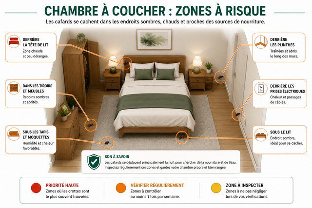 plan d'une chambre à coucher annotant les zones qui attirent les cafards — lit contre le mur, appareils électroniques, plantes, gaines plan d'une chambre à coucher annotant les zones qui attirent les cafards — lit contre le mur, appareils électroniques, plantes, gaines