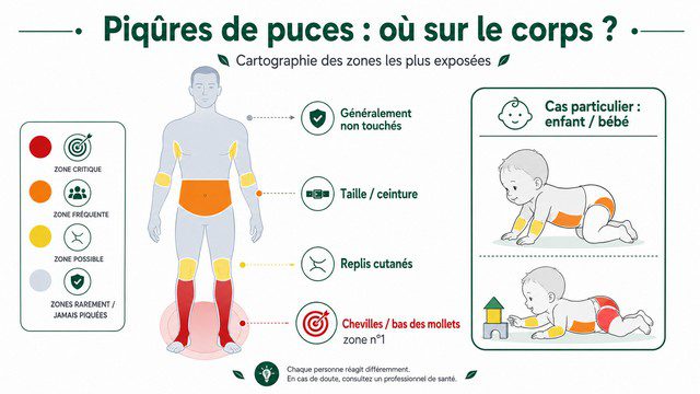 Cartographie des zones du corps les plus touchées par les piqûres de puces chez l’adulte et l’enfant