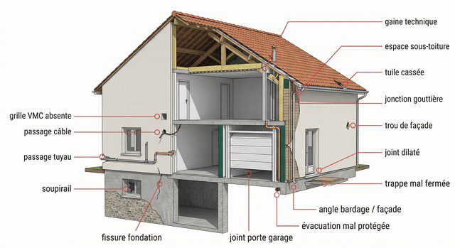 Schéma en coupe d’une maison avec les principaux points d’entrée des rats et rongeurs.