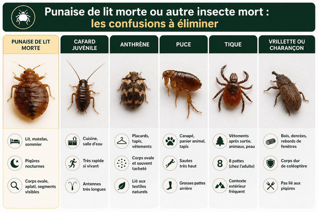 Infographie comparant une punaise de lit morte avec d’autres insectes souvent confondus - cafard juvénile, anthrène, puce, tique, vrillette et charançon. Infographie comparant une punaise de lit morte avec d’autres insectes souvent confondus - cafard juvénile, anthrène, puce, tique, vrillette et charançon.