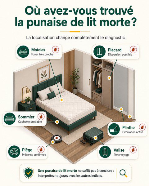 Infographie montrant où une punaise de lit morte peut être trouvée dans une chambre Infographie montrant où une punaise de lit morte peut être trouvée dans une chambre