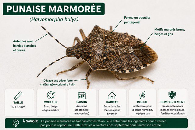 La punaise marmorée — bouclier pentagonal, odeur forte et invasion automnale