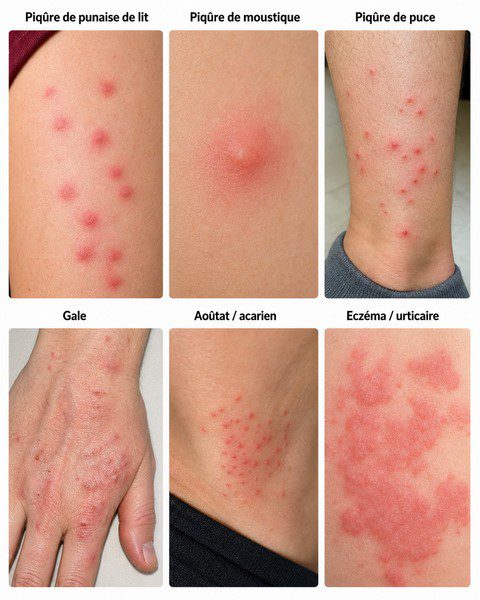 Comparatif visuel de piqûres punaise de lit, moustique, puce, gale, aoûtatacariens et eczémaurticaire Comparatif visuel de piqûres punaise de lit, moustique, puce, gale, aoûtatacariens et eczémaurticaire