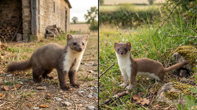 Fouine et belette en comparaison visuelle – fouine à gauche près d’un bâtiment rural avec bavette blanche marquée, belette à droite dans l’herbe, plus petite et plus fine. Fouine et belette en comparaison visuelle - fouine à gauche près d’un bâtiment rural avec bavette blanche marquée, belette à droite dans l’herbe, plus petite et plus fine.