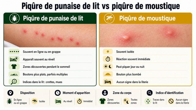 Infographie horizontale comparant une piqûre de punaise de lit à une piqûre de moustique. Infographie horizontale comparant une piqûre de punaise de lit à une piqûre de moustique.