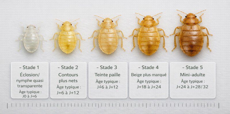 5 stades larvaires de la punaise de lit (nymphes) — tailles et âges typiques