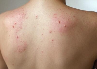 une réaction cutanée caractérisée par des rougeurs, des plaques et un gonflement, causée par des poils de chenille processionnaire