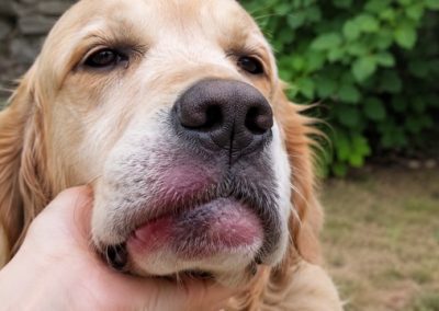 Chien avec babines gonflées après une piqûre de guêpe