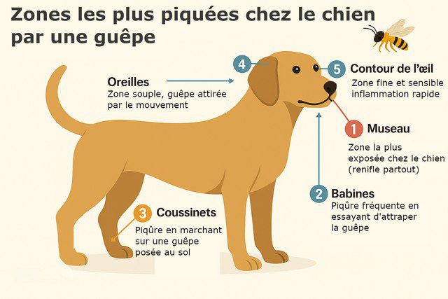 Zones des piqures de guêpe sur un chien