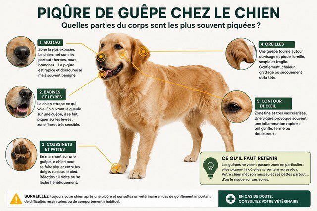 Piqûre de guêpe chez le chien - zones les plus touchées comme museau, babines, pattes, oreilles et contour de l’œil Piqûre de guêpe chez le chien - zones les plus touchées comme museau, babines, pattes, oreilles et contour de l’œil