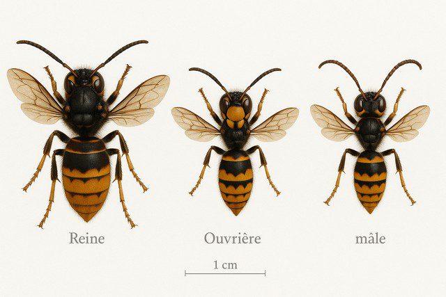 Comparatif reine vs ouvrière vs mâle frelon asiatique Comparatif reine vs ouvrière vs mâle frelon asiatique