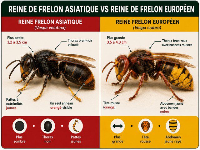 Reine de frelon asiatique vs reine de frelon européen - comparaison des différences physiques