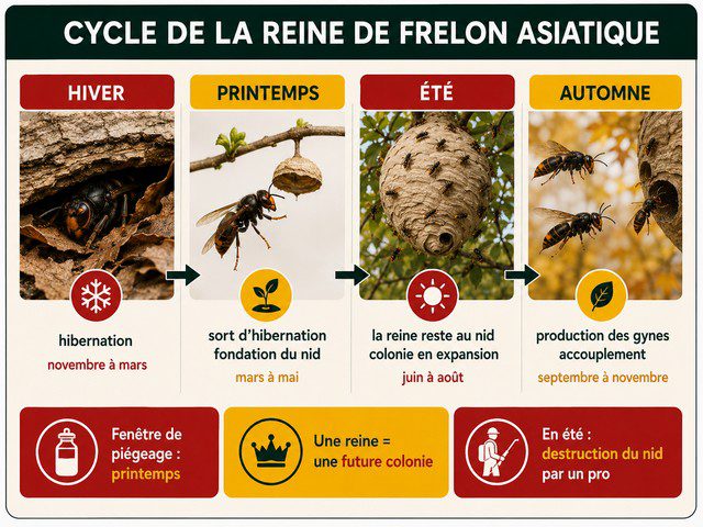 Reine de frelon européen Vespa crabro avec tête orangée, thorax brun roux, abdomen jaune rayé et pattes brun rouge