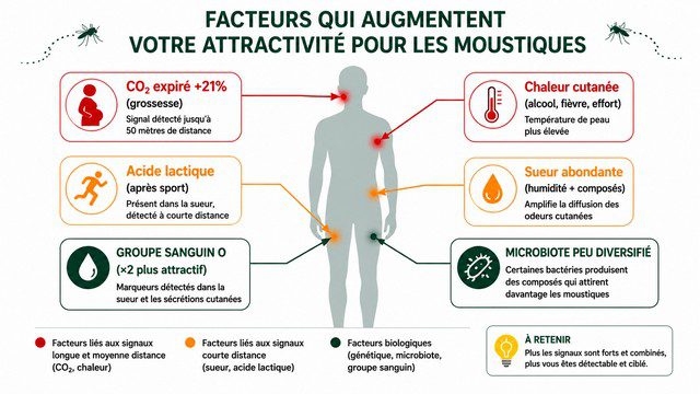 infographie facteurs biologiques qui augmentent l'attractivité pour les moustiques — CO₂ grossesse alcool acide lactique groupe sanguin O infographie facteurs biologiques qui augmentent l'attractivité pour les moustiques — CO₂ grossesse alcool acide lactique groupe sanguin O