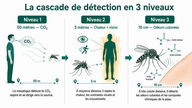 infographie les 3 niveaux de détection du moustique — CO₂ à 50 mètres, chaleur à 5 mètres, odeurs cutanées à 10 cm infographie les 3 niveaux de détection du moustique — CO₂ à 50 mètres, chaleur à 5 mètres, odeurs cutanées à 10 cm