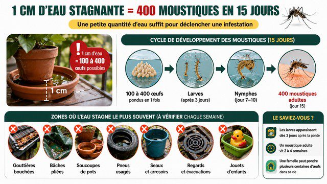 infographie un centimètre d'eau stagnante suffit à produire 400 moustiques en 15 jours — zones à vider en priorité infographie un centimètre d'eau stagnante suffit à produire 400 moustiques en 15 jours — zones à vider en priorité