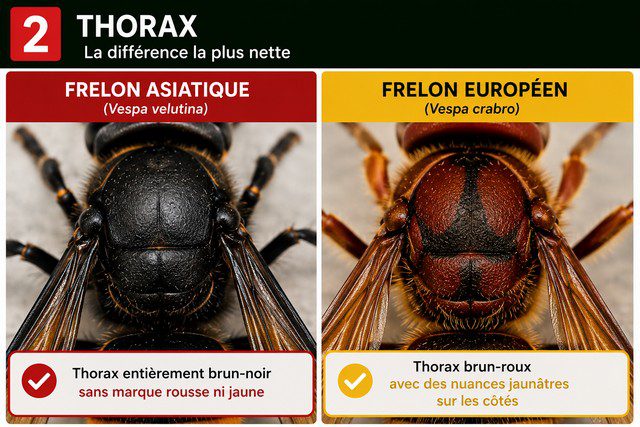 Comparaison du thorax du frelon asiatique brun-noir et du frelon européen brun-roux Comparaison du thorax du frelon asiatique brun-noir et du frelon européen brun-roux