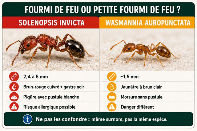 Comparaison entre Solenopsis invicta et Wasmannia auropunctata, deux fourmis de feu différentes par la taille, la couleur et le type de danger.