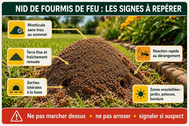 Nid de fourmis de feu avec monticule de terre sans ouverture visible au sommet et sorties latérales à la base.
