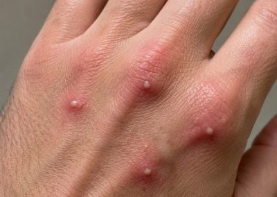 Piqûres de fourmis de feu sur le dos de la main avec boutons rouges gonflés et pustules blanches
